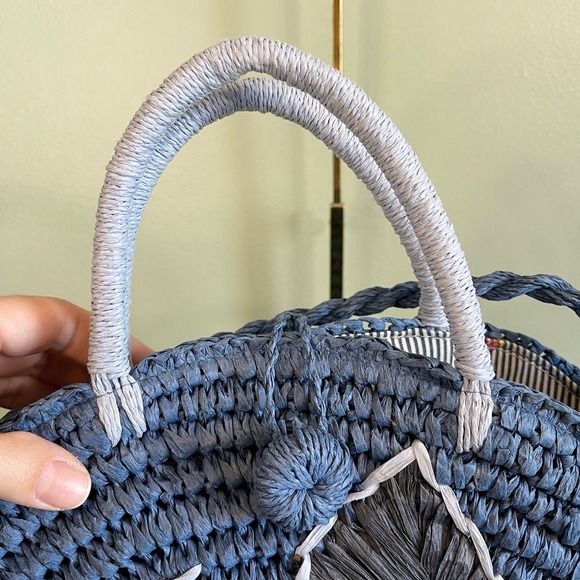 Tommy Bahamas  Women's Pirro Circle Straw Weaved Tote Basket Blue & White Bag - Picture 4 of 10